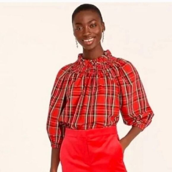 J CREW Ruffleneck Red Tartan Plaid Cotton Blouse Sz XSMALL NWT - Picture 8 of 11